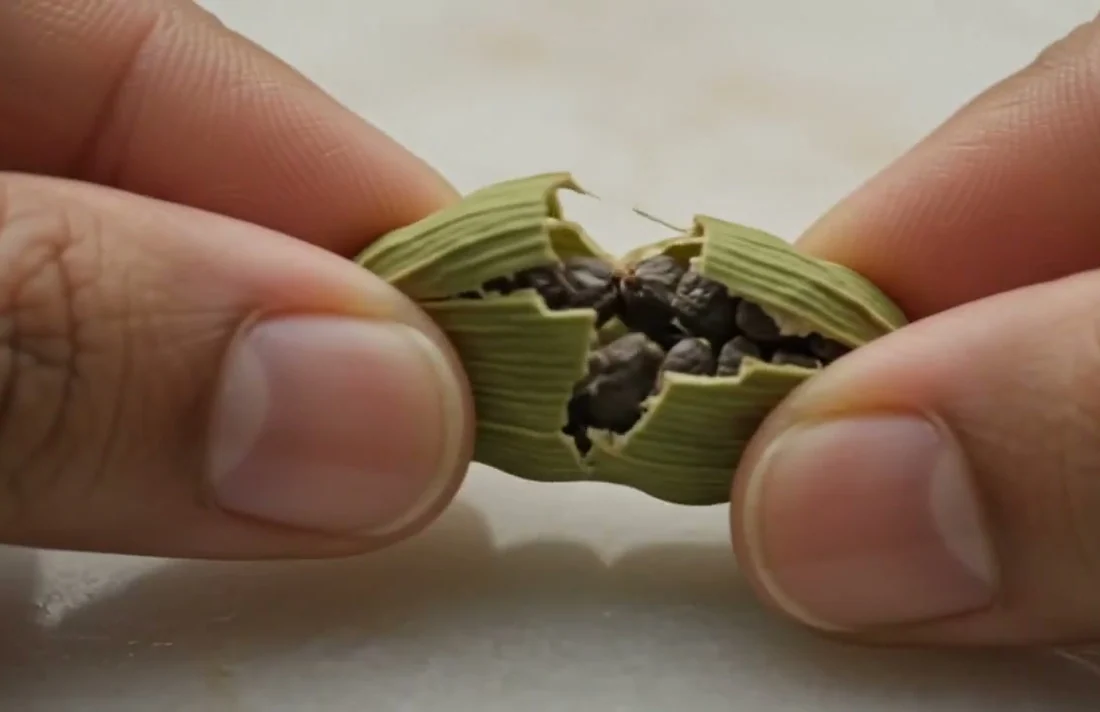 A cardamom pod split open, showing the black seeds inside