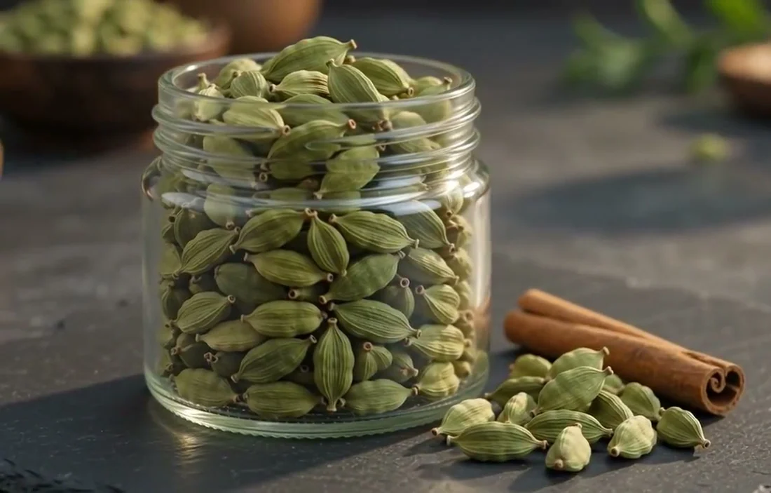 A jar of uniformly graded green cardamom pods