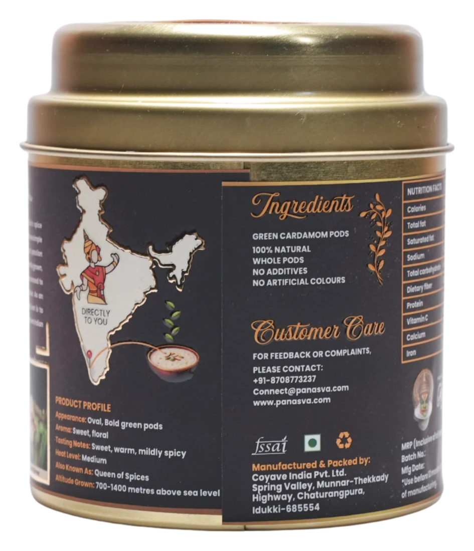 The tin's side panel: a map of India marking Kerala, the ingredients and the product profile