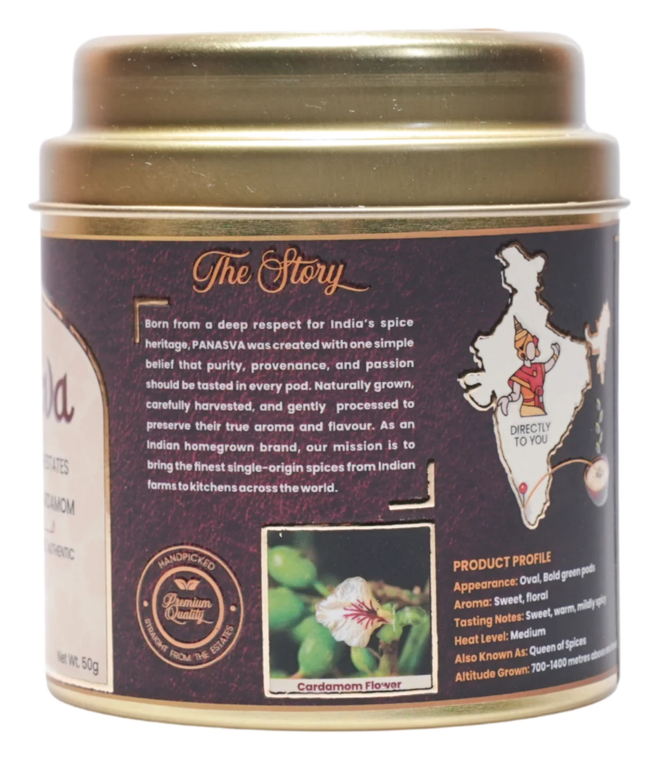 The tin's story panel, with a photograph of the cardamom flower
