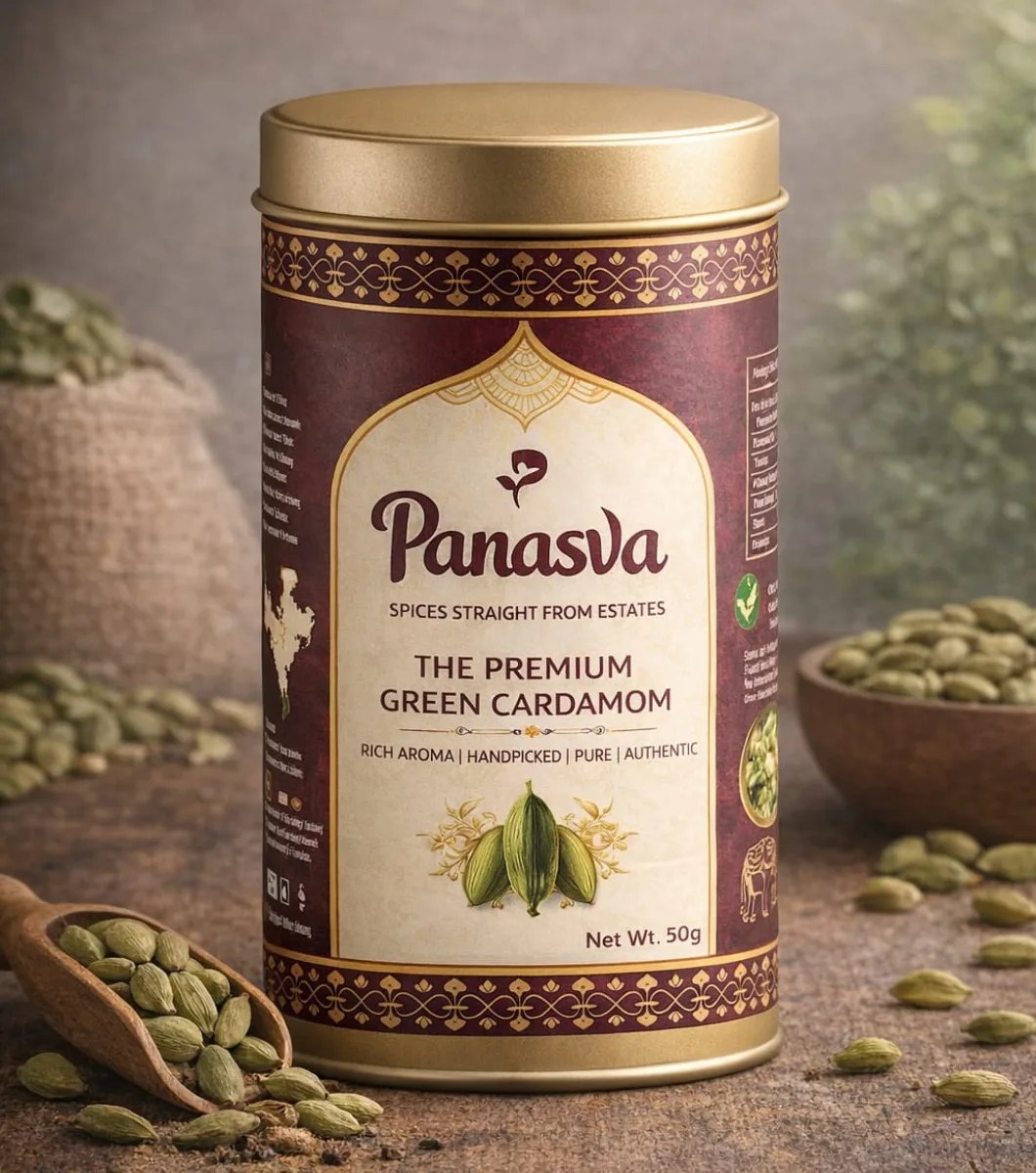 Panasva green cardamom 50 g tin, photographed with a scoop of pods